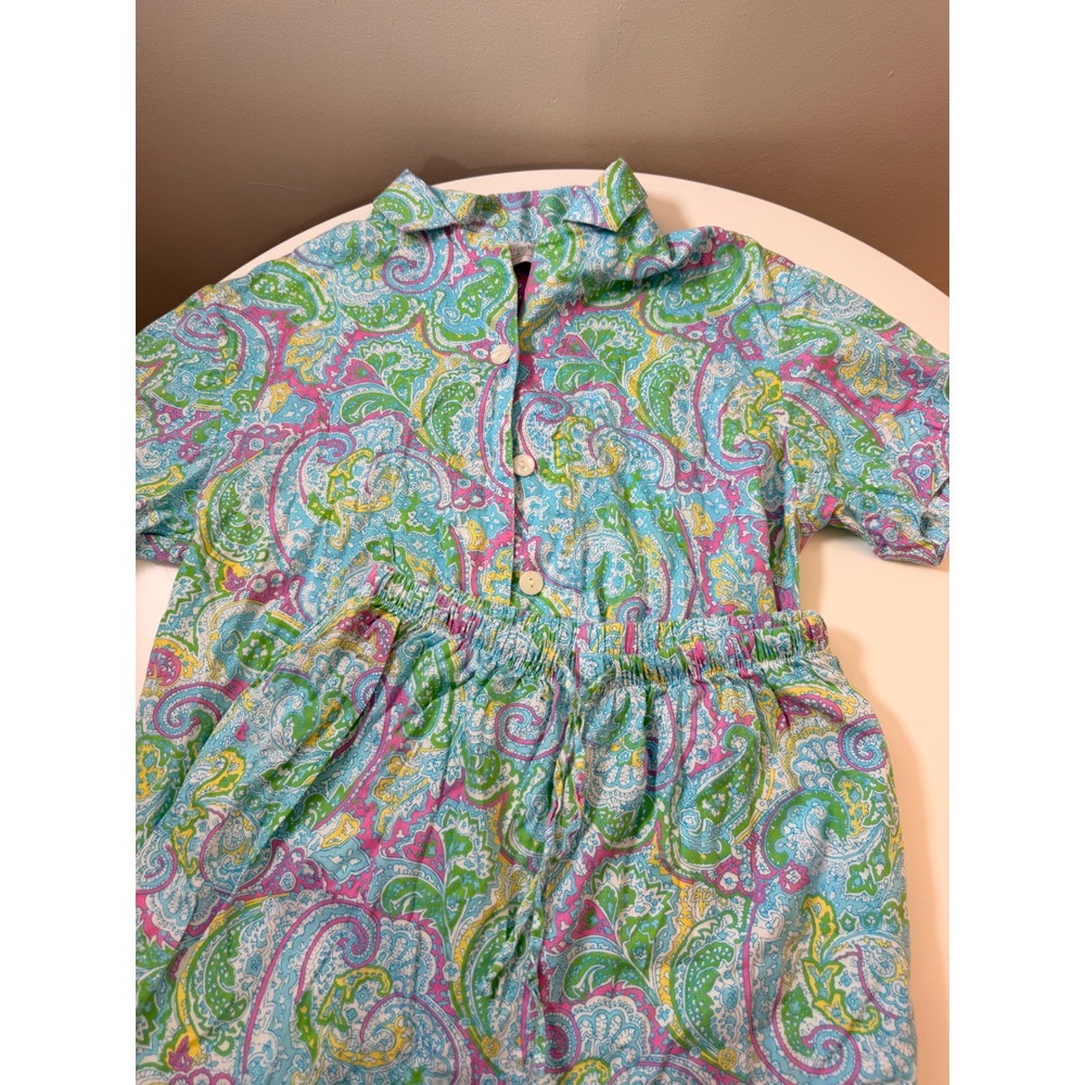 Allison Rhea Pajama Set Women Small Blue Pink Excellent Paisley Cotton 2pc PJs